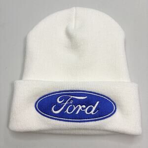 FORD Beanie Embroidered Stocking Hat White Unisex Car Truck Racing Gift Big Logo